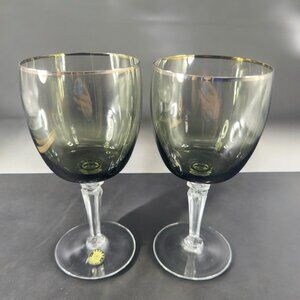 Sasaki Glass Platinum Rim Smokey Green Black Goblet Glasses Cups 7inch Set 2